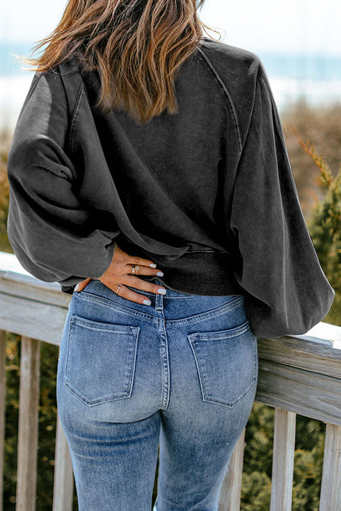 Lantern Sleeve Snap Button Placket Washed Pullover Casual Round Neck Sweatshirt